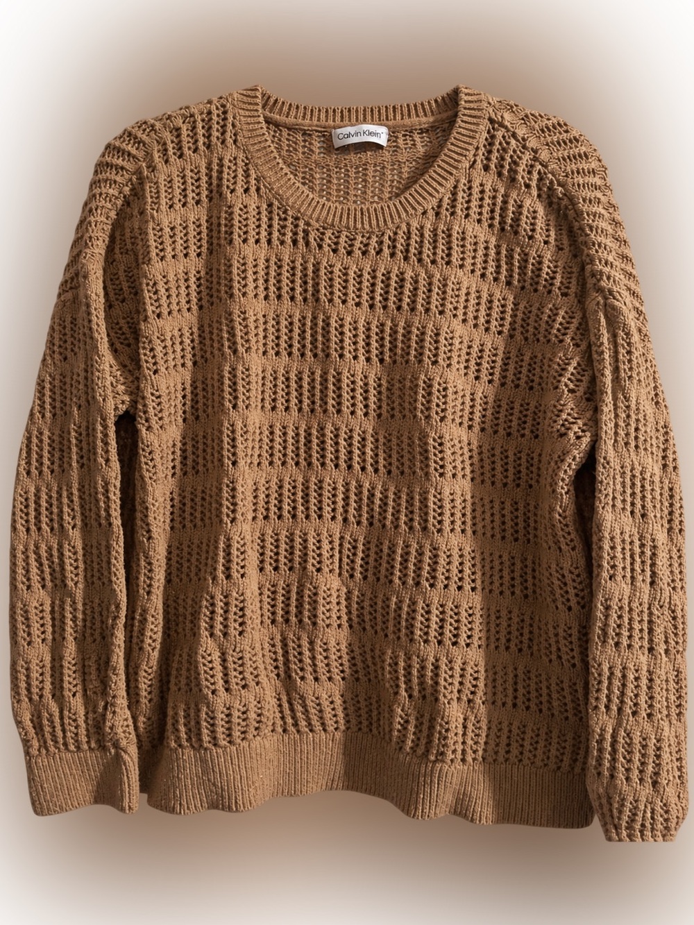 Calvin Klein Women’s Tan Open-Knit Crewneck Sweater